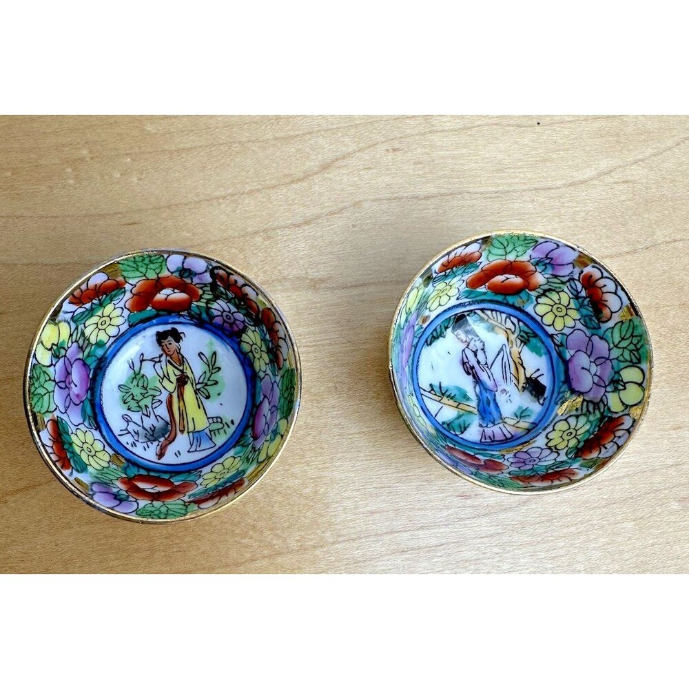 Vintage Hand Painted Oriental Porcelain Miniature Tea Cups Pair Floral Asian